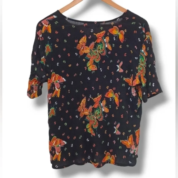 90s Butterfly Slinky Crepe Jacqueline Lauren Stretch Button Up Whimsygoth Blouse - Picture 2 of 16